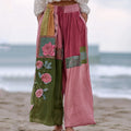 Vintage Pink Roses Embroidered Patchworkr Linen Pants elevenforest