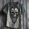 Men's Viking Celtic Skull Applique Embroidery Art Linen T-shirt elevenforest