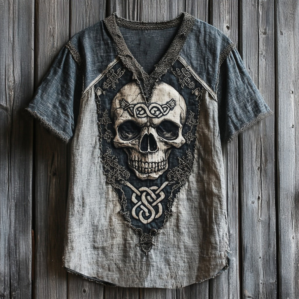 Men's Viking Celtic Skull Applique Embroidery Art Linen T-shirt elevenforest