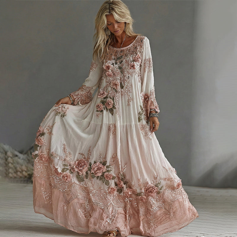 Women's Vintage Floral Embroidery Art Print Flowy Linen Blend Maxi Dress elevenforest