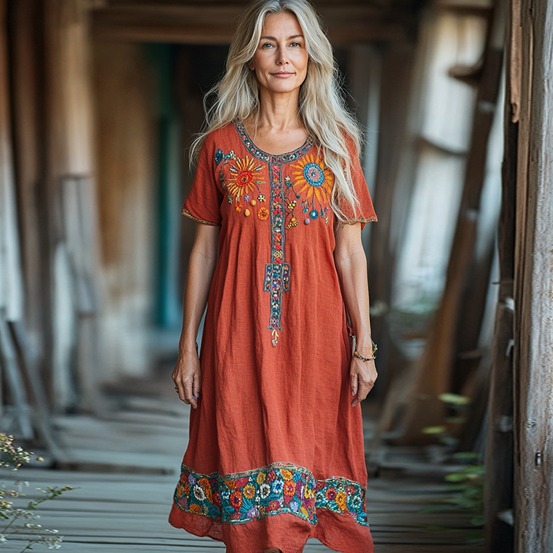 Vintage Bohemian Floral Embroidery Short Sleeve Loose Midi Dress elevenforest