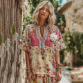 Women's Vintage Rose Floral Art Patchwork Comfy V Neck Shirt elevenforest