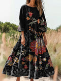 Women's Folk Flower Art Print Flowy Cotton Crew Neck Dress