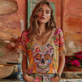 Women's Classic Mexican Sugar Skeleton Catrina Day Of The Dead Inspired Painting Embroidered Casual Linen  V Neck T-shirt elevenforest