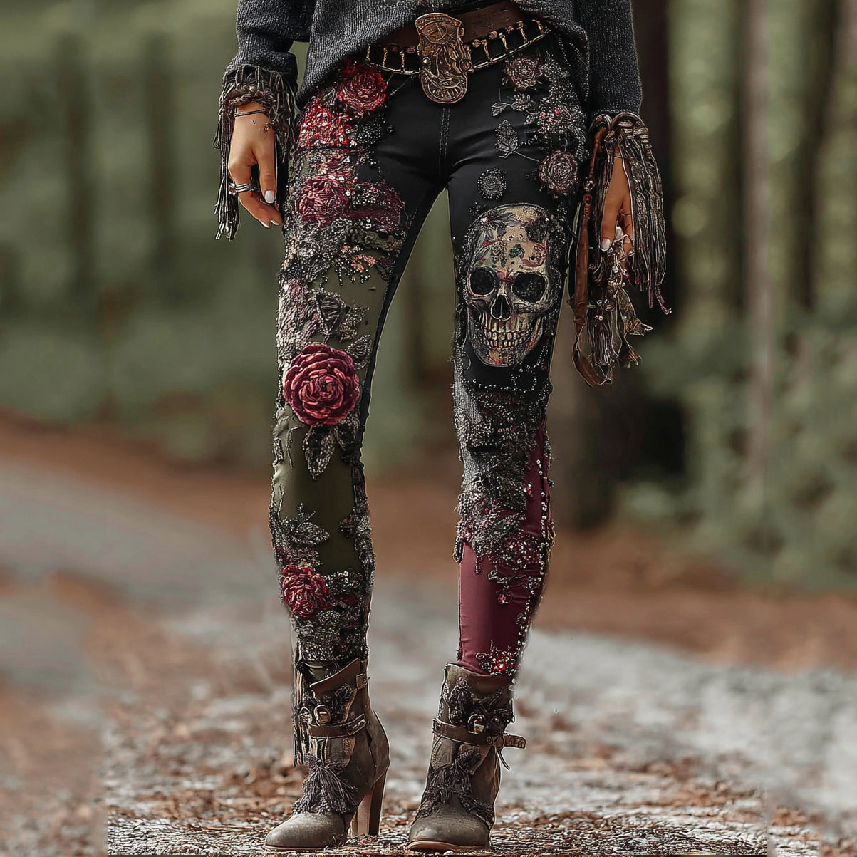 Rose Skull Gothic Patchwork Rock Leggings elevenforest