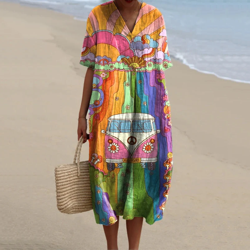 Comstylish Vintage Hippie Vibe Peace And Love Hippie Bus Pattern Printed Women's Flowy Dress