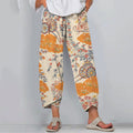 Comstylish Women's Japanese Floral Art Print Linen Blend Casual Pants