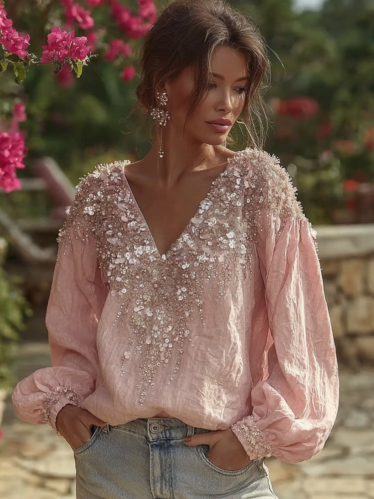 Vintage Boho Glitter Floral Art Comfy Linen Tunic elevenforest