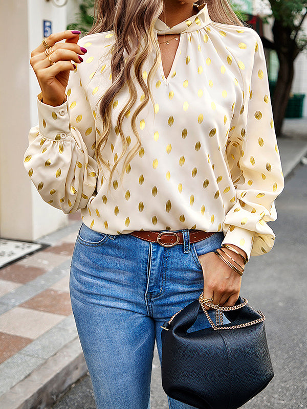 Long Sleeves Loose Bronzing Hollow Mock Neck Blouses&shirts Tops