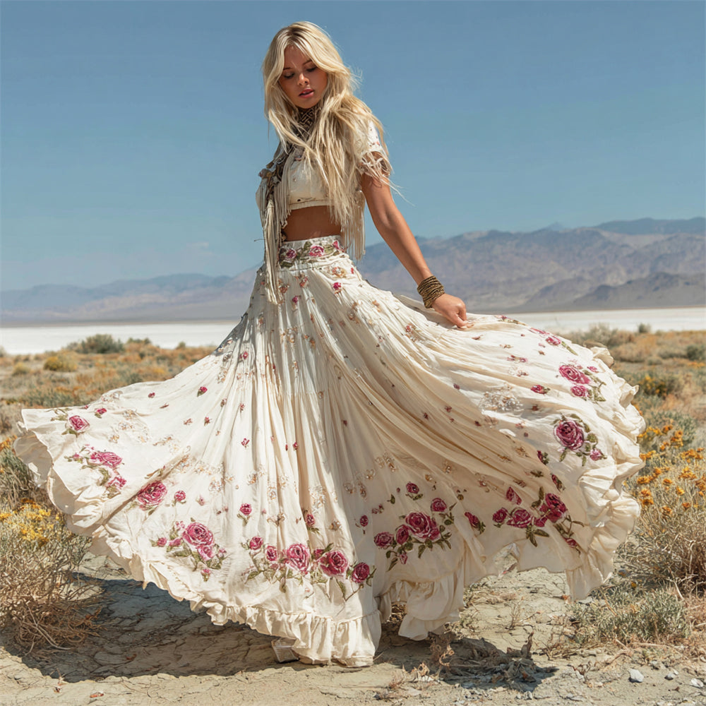 Boho Floral Art Women's Flowing Halter Long Skirt elevenforest