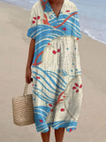 Vintage Japanese Art Sea Wave V-neck Linen Blend Maxi Dress elevenforest