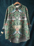 Vintage Ethnic Lovely Birds Floral Art Print Casual Cotton And Linen Shirt