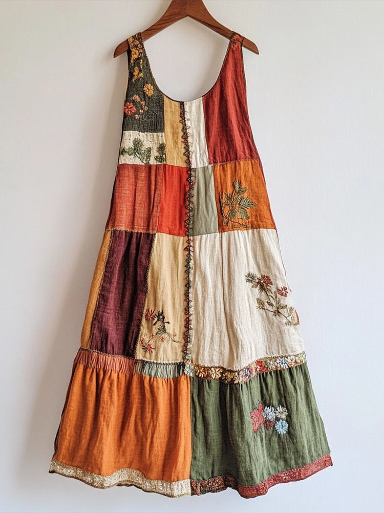 Vintage Floral Embroidered Patchwork Linen Blend Dress elevenforest