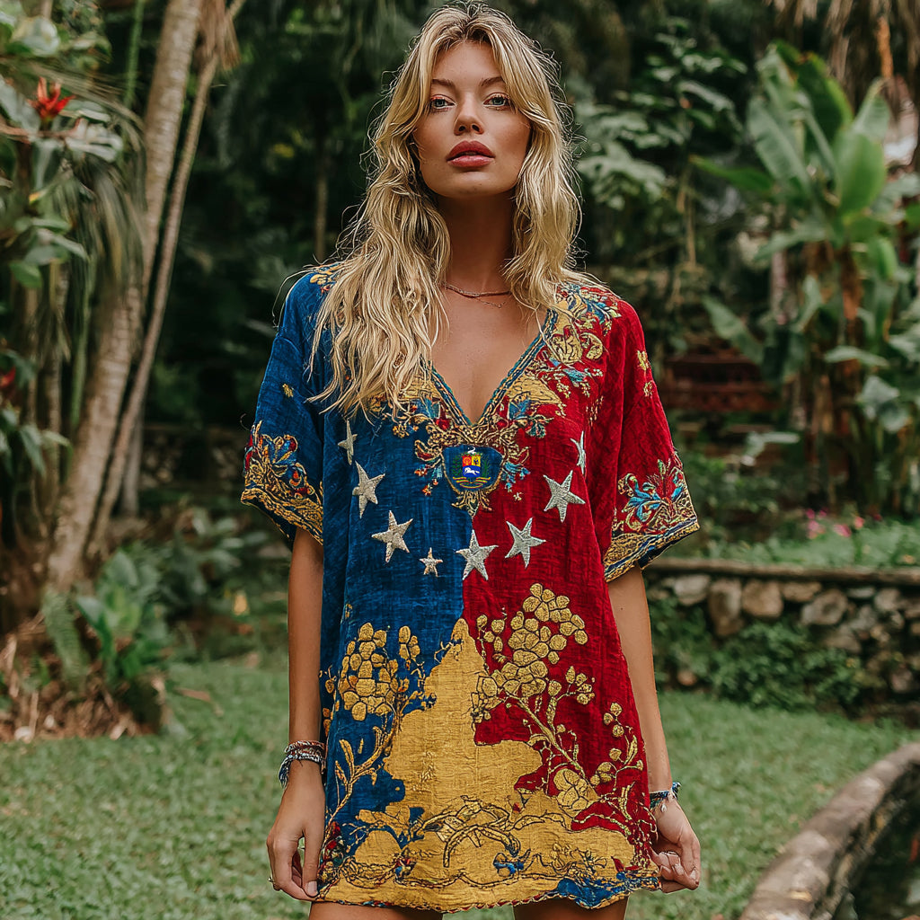 Women's Ethnic Floral Patchwork Linen V-neck Mini Dress elevenforest