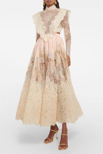 Lace Long Sleeve Top ?high Waist Midi Skirt Set