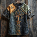 Men's Viking Tree Of Life Embroidery Patchwork Print Shirt elevenforest