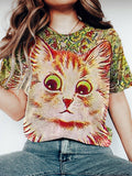 Vintage Painted Cat Printed Women's Washed T-shirt elevenforest