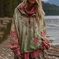 Women's Rose Embroidery Gradient Boho Casual Hooded Sweatshirt elevenforest