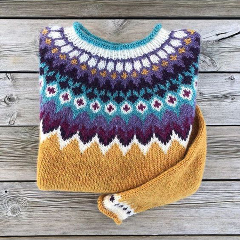 Vintage Fairman Island Print Color Block Comfy Sweater elevenforest