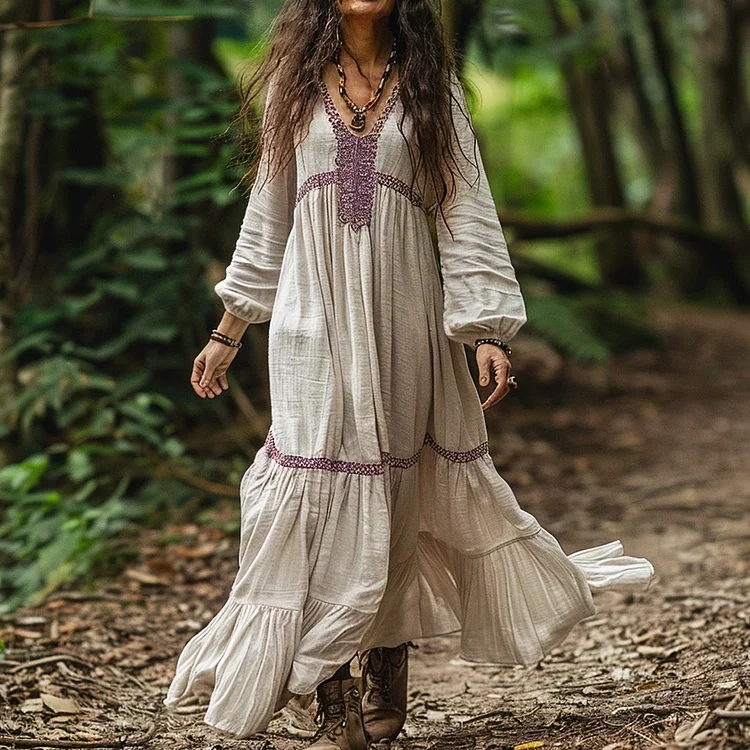 Vintage Linen Bohemian Loose Simple Maxi Long Dress elevenforest