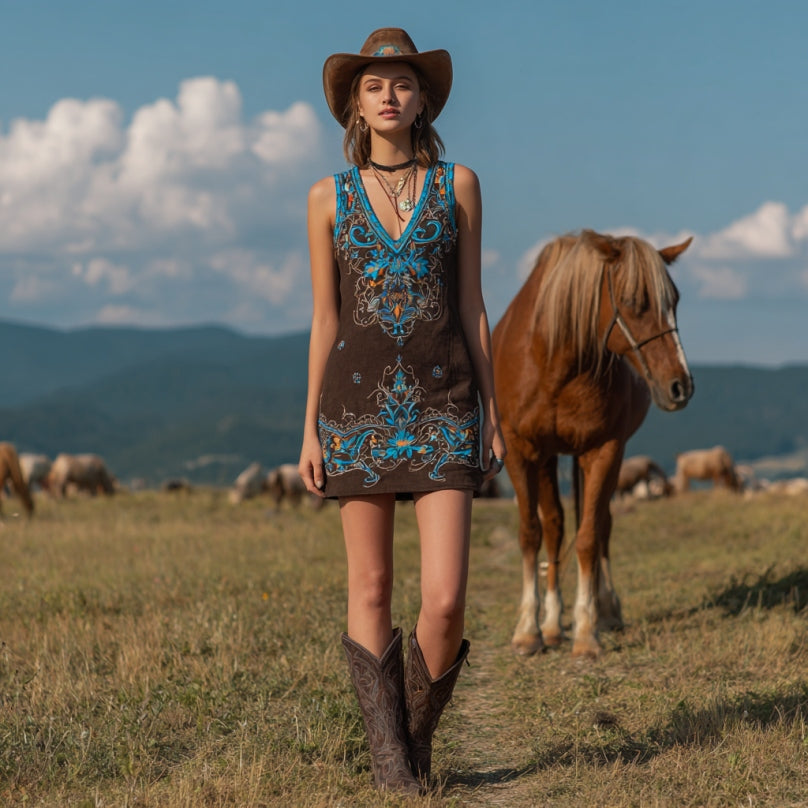 Women's Vintage Western Floral Embroidery V-neck Sleeveless Midi Dress elevenforest