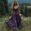 Women's Vintage Bohemian Purple Floral Embroidery Casual Sleeveless Dress elevenforest