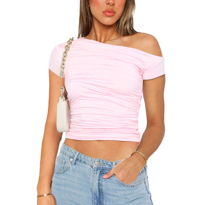 High Elasticity Fabric Color Slash Shoulder Short Sleeve Pleated Navel Reveal Top Tops for