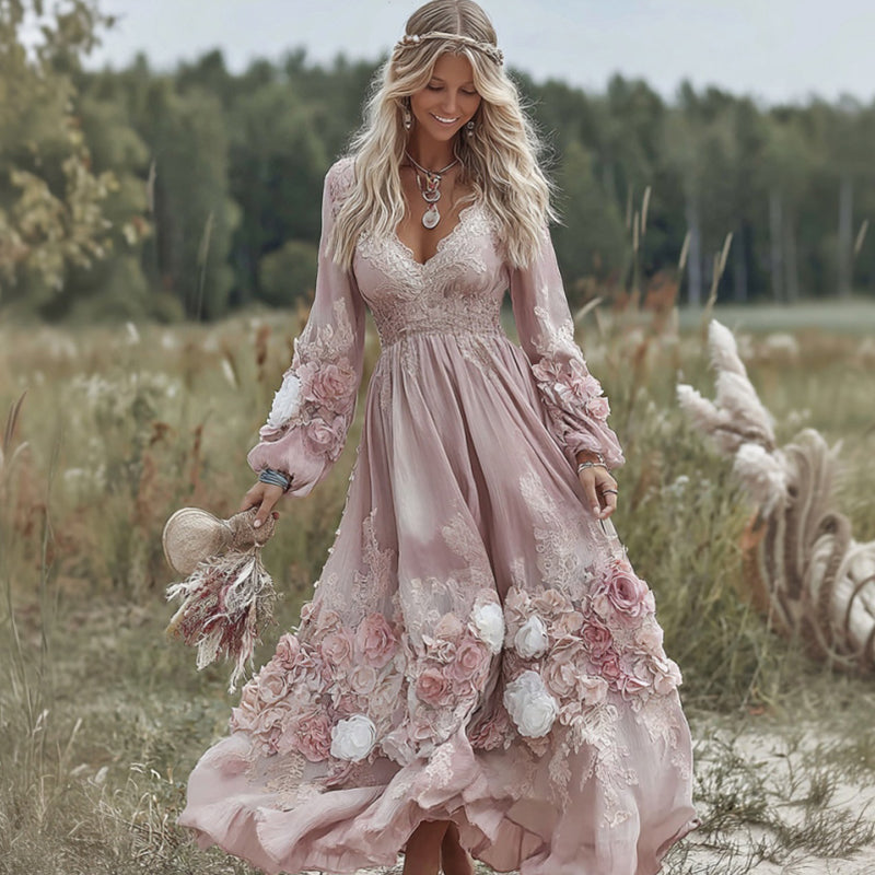 Elegant Rose Embroidery V-neck Long-sleeved Dress For Women elevenforest