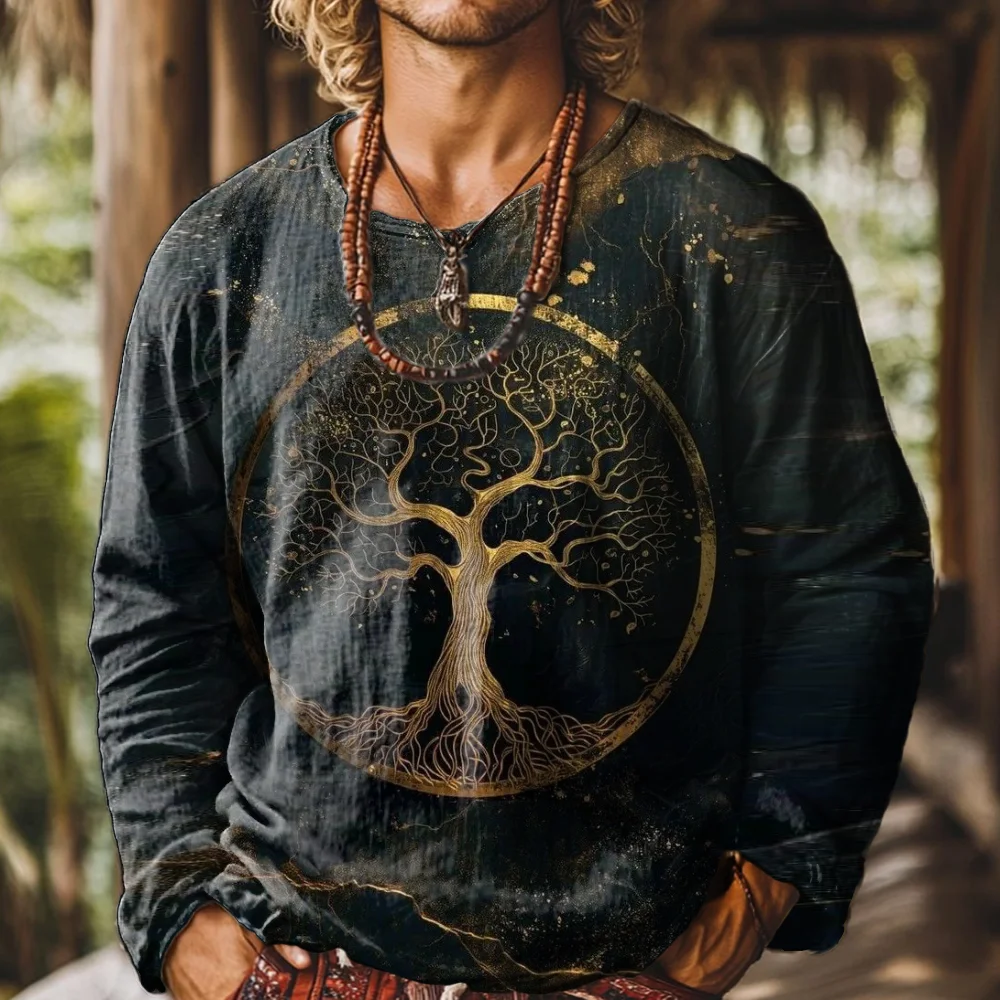 Men's Art Painting Tree Of Life Gradient Print Round Neck Long Sleeve Linen T-shirt elevenforest