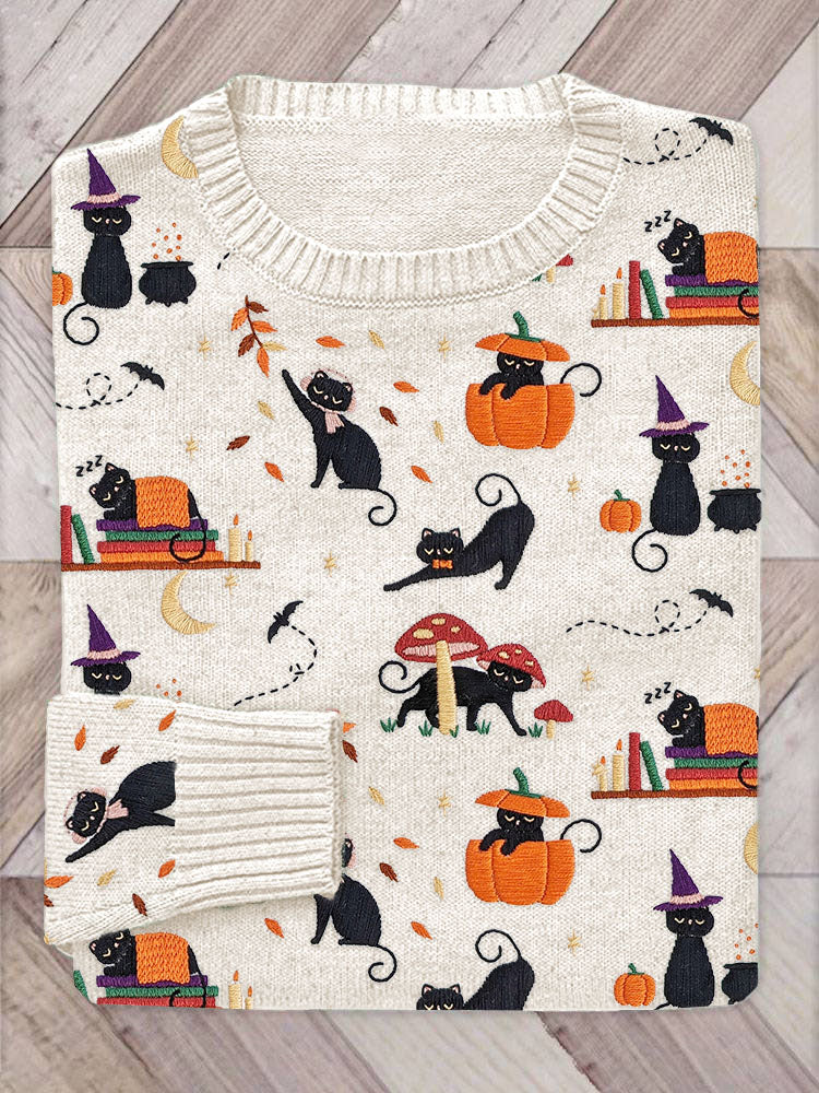 Halloween Black Cat Pumpkin Embroidery Pattern Sweater elevenforest