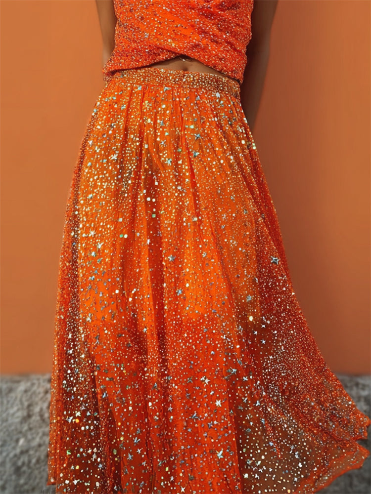 Orange Glitter Stars Sequins Flowy Wide Skirt elevenforest
