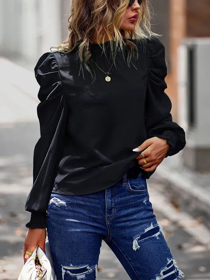 Long Sleeves Puff Sleeves Pleated Color Half Turtleneck Blouses&shirts Tops