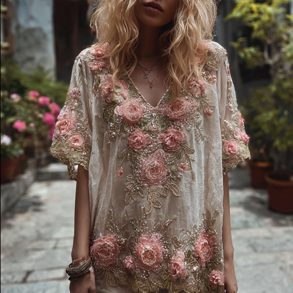 Bohemian Style Women's Flower Embroidery Linen Texture Vintage Short-sleeved Shirt elevenforest
