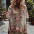 Bohemian Style Women's Flower Embroidery Linen Texture Vintage Short-sleeved Shirt elevenforest