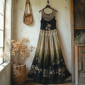 Boho Gradient Floral Embroidered Pattern Lace Patchwork Art Linen Dress elevenforest