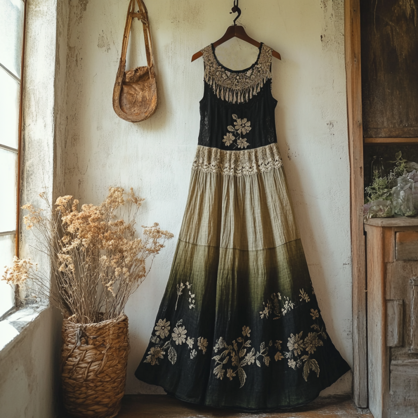Boho Gradient Floral Embroidered Pattern Lace Patchwork Art Linen Dress elevenforest