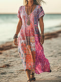 Women's Vintage Floral Patchwork Art Print Pocket Cotton Dress