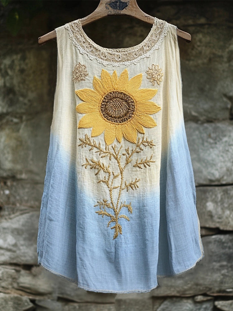 Retro Boho Sunflower Embroidered Linen Tank Top elevenforest