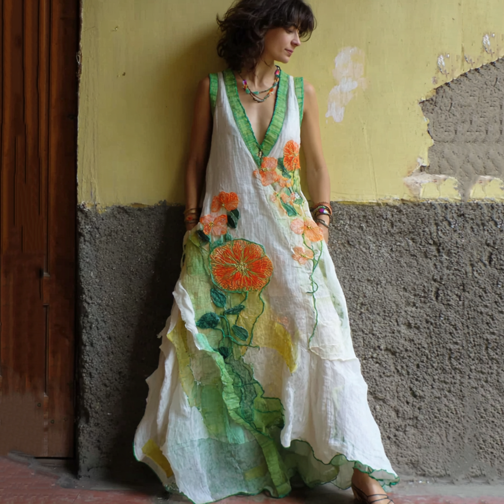 Women's Retro Floral Line Stitching Sleeveless Long Dress elevenforest