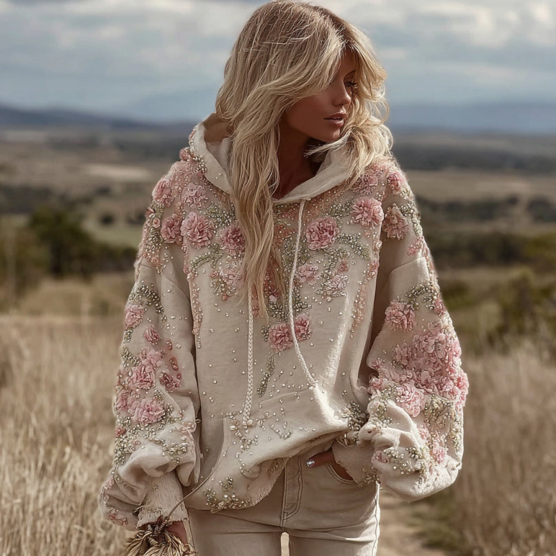 Women's Pink Floral Embroidery Art Casual Hoodie elevenforest