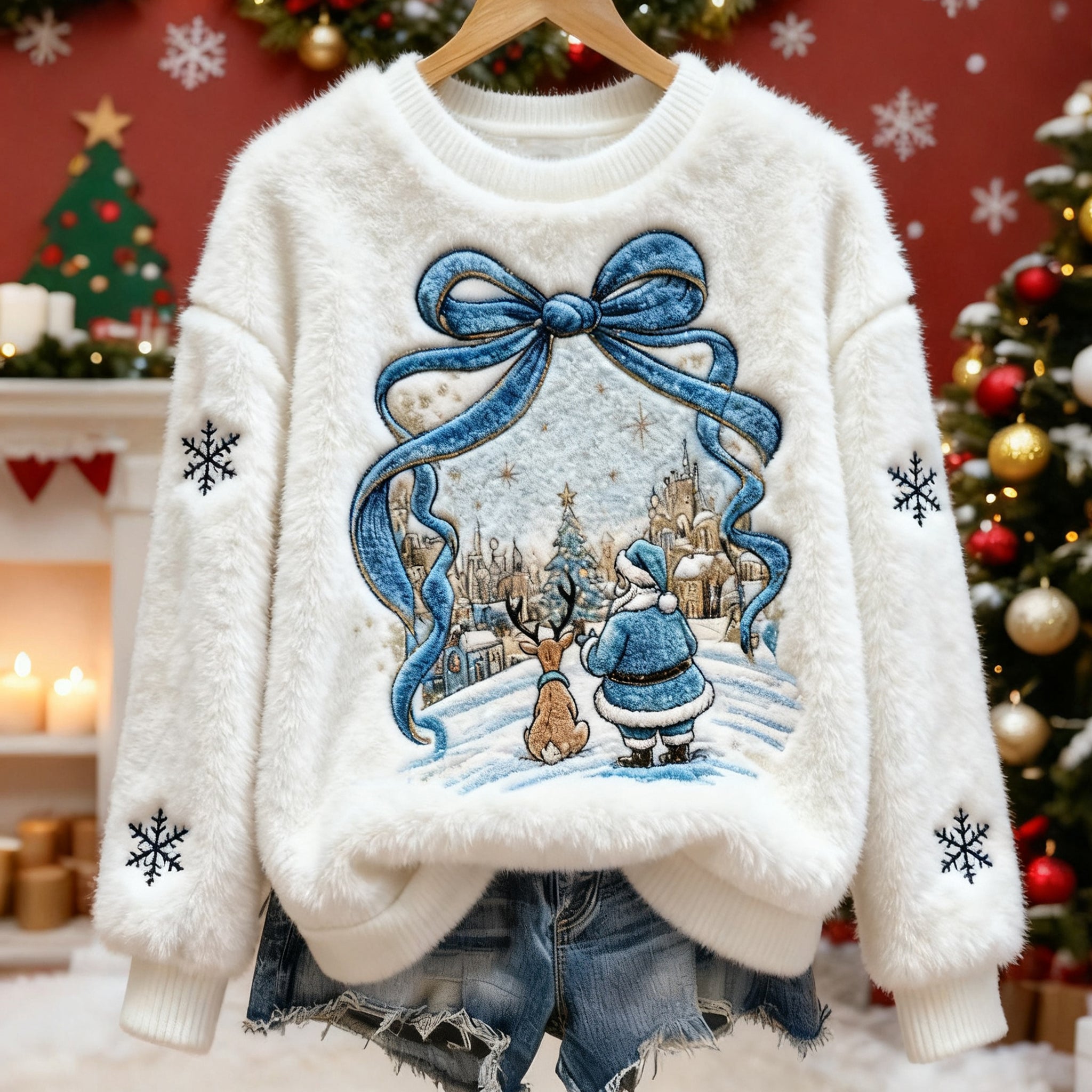 Comstylish Cute Reindeer Santa Claus Pattern Warm Crew Neck Sweater