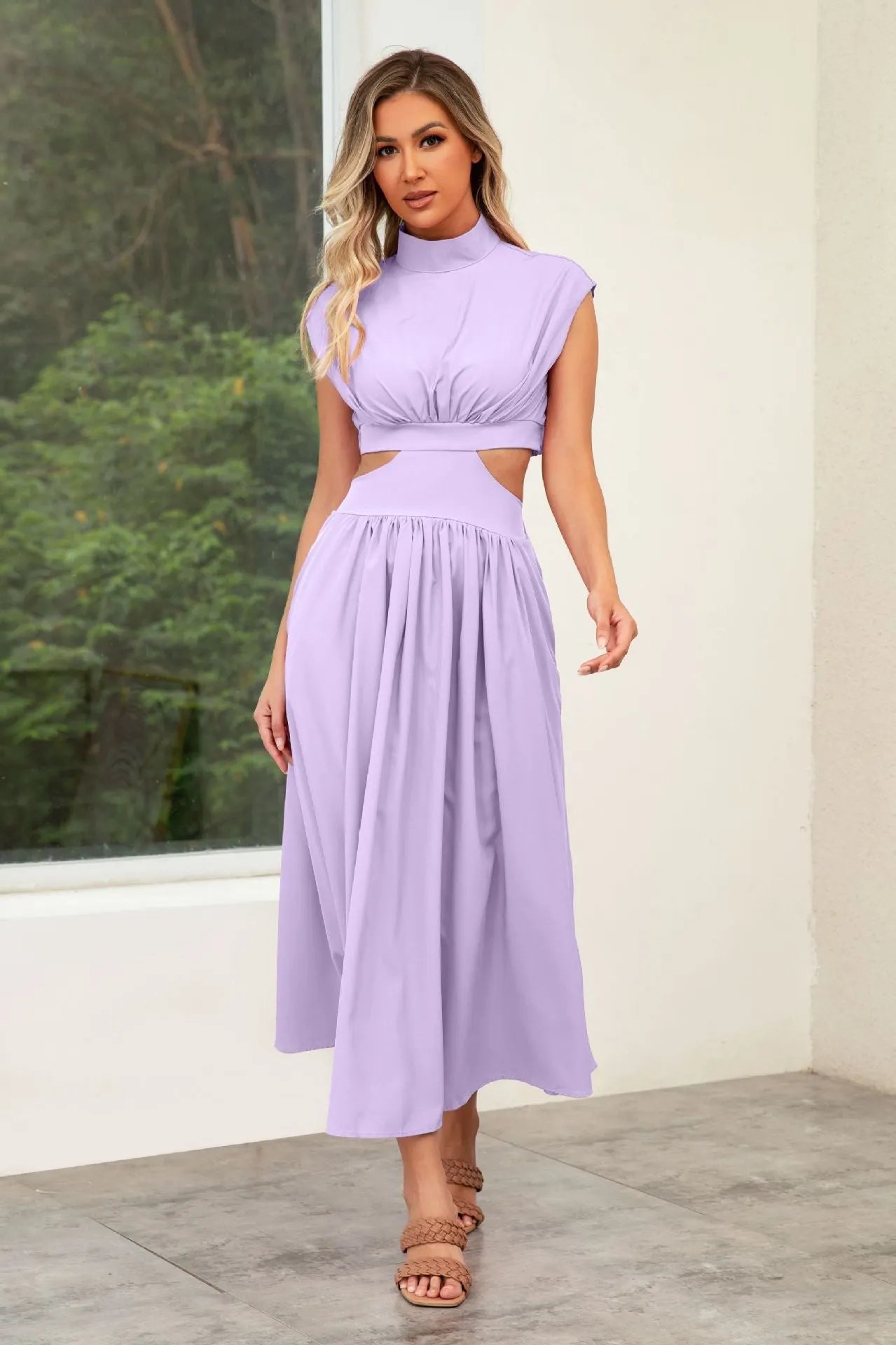 Self Made Real Shot Summer Sweet Stand Collar Macaron Color Cropped Outfit Maxi Dress