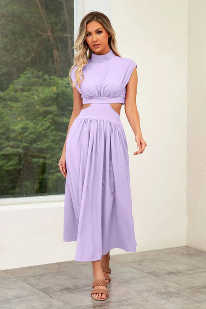 Self Made Real Shot Summer Sweet Stand Collar Macaron Color Cropped Outfit Maxi Dress