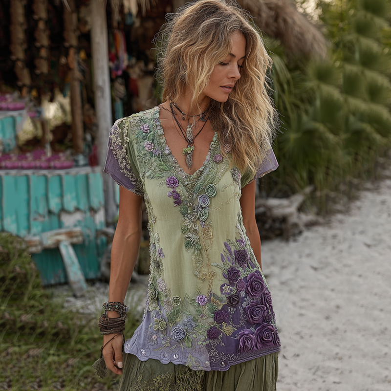 Classy Purple Lavender And Floral Embroidered Linen V Neck Short Sleeve T-shirt elevenforest