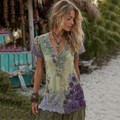Classy Purple Lavender And Floral Embroidered Linen V Neck Short Sleeve T-shirt elevenforest