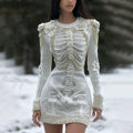 Comstylish Women's Vintage Halloween Skeleton Bones With White Rose Art Cozy Knit Mini Sweater Dress