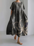 Women Japanese Art Octopus Print Casual Linen Blend Maxi Dress