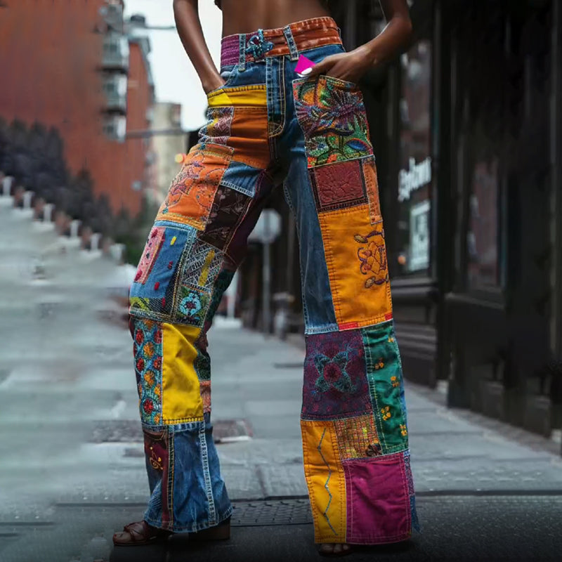 Retro Bohemian Pattern Patchwork Flared Jeans elevenforest
