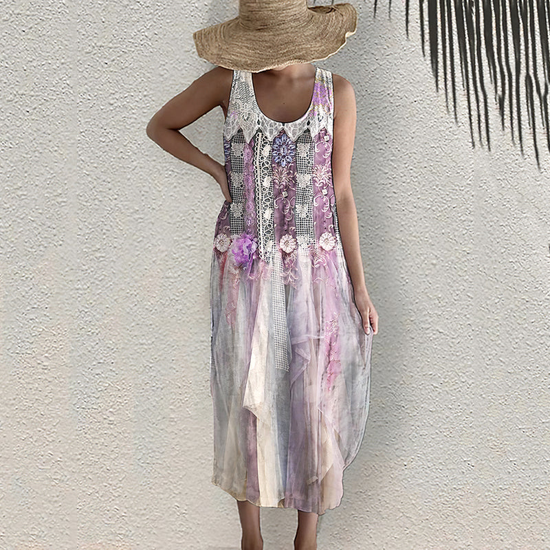 Women's Floral Lace Tulle Panel Linen Sleeveless Dress elevenforest