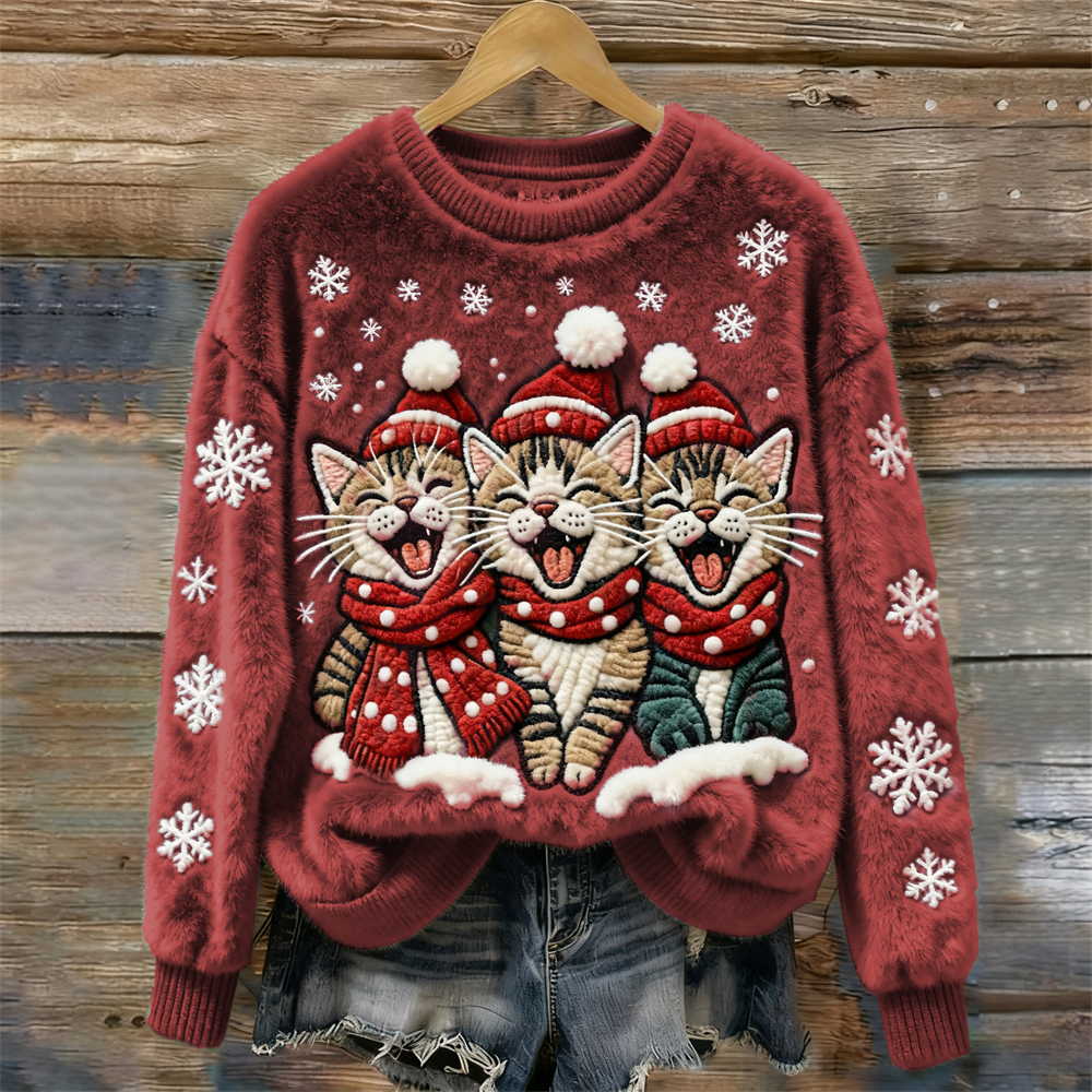 Christmas Cats Women's Cozy Plush Sweater elevenforest